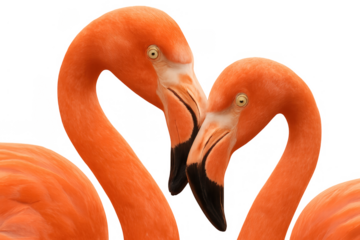 Two vibrant pink and orange flamingos, heads together, creating a heart shape with their necks, isolated on a transparent background