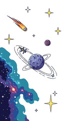 Cosmic Galaxy with Planets and Spaceship.