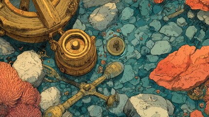 Old anchor and underwater contact mines illustration.