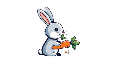 Cute cartoon rabbit eating a fresh carrot.
