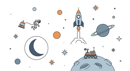 Cute Space Exploration and Planets Illustration.