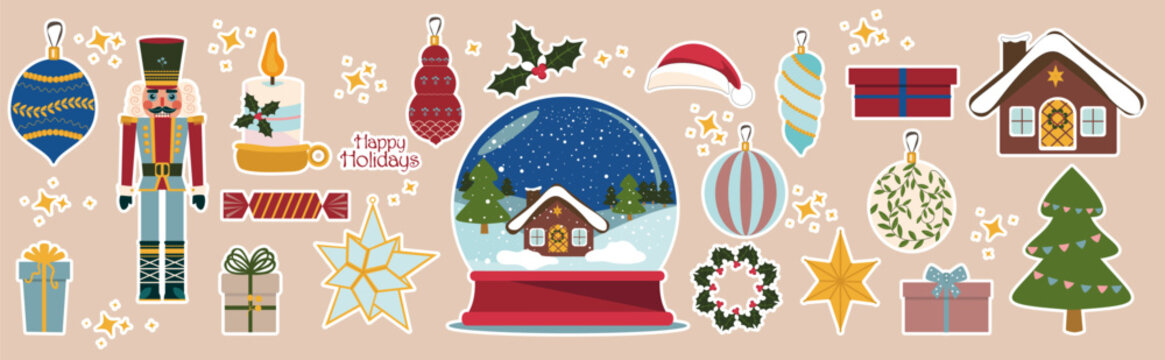 Christmas vector stickers collection with nutcracker, snowball, decorated tree, cozy ornaments, stars, wreath, presents gift box, and holiday decorations. Winter elements for scrapbooking. Hand drawn 