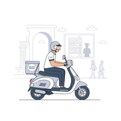 Delivery man riding a scooter in the city.