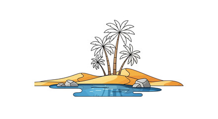 Desert island with palm trees and water.
