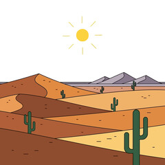 Desert landscape with cacti and mountains under the sun.