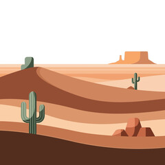 Desert landscape with cacti and rock formations.