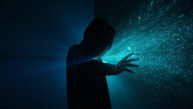 Mysterious hooded figure silhouette in darkness, casting luminous, sparkling magical energy from an outstretched hand against a deep blue light.
