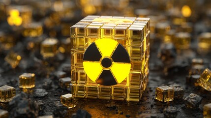Radiation hazard sign made of glowing metallic cubes, abstract 3D concept.
