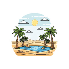 Desert Oasis with Palm Trees and Water.