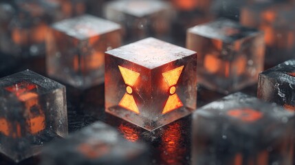 Radiation hazard sign made of glowing metallic cubes, abstract 3D concept.
