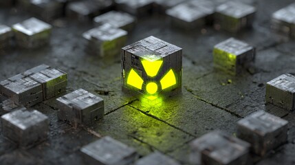 Radiation hazard sign made of glowing metallic cubes, abstract 3D concept.