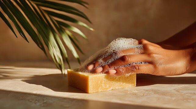 Hand washing with natural soap bar creating foam lather against warm brown background with tropical palm leaf shadow.
