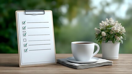 Clipboard with checklist, white coffee cup, and small potted flowers on wooden desk against blurred green outdoor background.