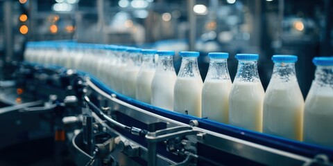 Milk bottles moving on dairy factory conveyor belt