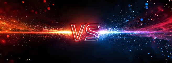 Glowing red and blue energy collision with versus symbol on dark background for competition or battle concept.
