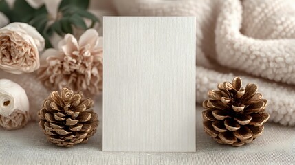 Blank white card mockup with pine cones, dried flowers and cozy knitted fabric in neutral beige tones for seasonal greeting or invitation.