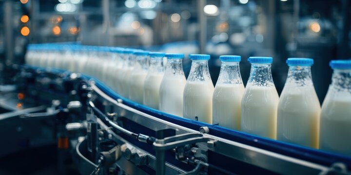 Milk bottles moving on dairy factory conveyor belt