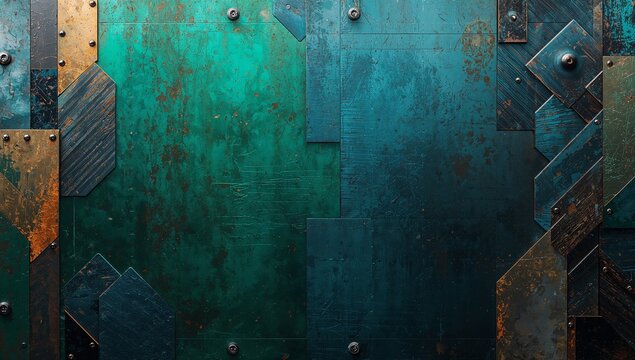 Veridian Machina: Textured Metal Panels Riveted Together in Shades of Emerald and Teal for Steampunk-Inspired Industrial Backdrop