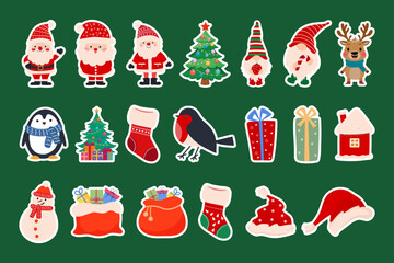 Set of Christmas and New Year stickers with Santa Claus, snowman, deer and gifts. Cute collection for winter holiday.