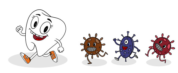 Hand-drawn children&rsquo;s illustration of tooth running away from attacking bacteria. Playful and educational design kids&rsquo; dental posters, oral hygiene materials, pediatric dentistry, storybooks