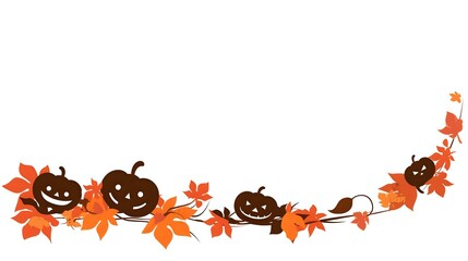 Festive autumn garland with smiling jack-o-lantern pumpkins and orange maple leaves on white background, perfect for Halloween decoration.
