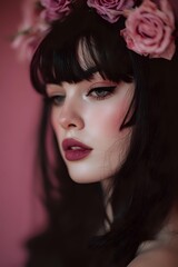 Fototapeta premium Profile portrait of woman with dark hair and bangs against pink background, adorned with roses, wearing dramatic makeup and burgundy lipstick.