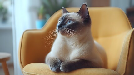 Siamese cat with blue eyes sitting on yellow armchair in cozy home interior with soft natural lighting and blurred green plants in background.