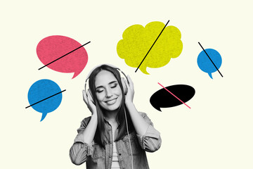 3d banner image pop photo collage of happy girl listen music headphones bubble communication speech...