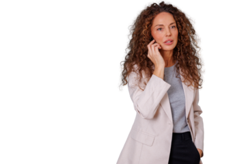 Professional businesswoman talking on phone, communicating and networking, having a conversation, transparent background