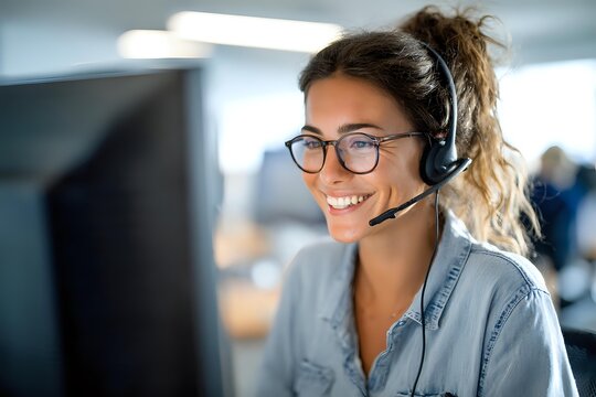 Smiling young female customer service representative with headset and glasses working at computer in modern office environment.