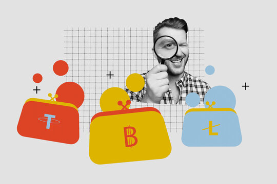 Banner art 3d creative image collage of happy man hold magnifier lens zoom btl management employment hiring human recourses