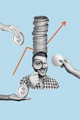 Exclusive artwork 3d banner collage of happy businessman hold magnifier lens zoom coin income...