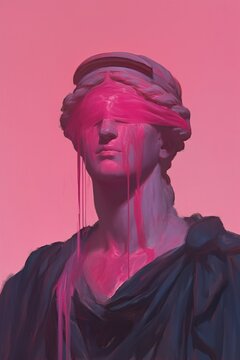 Blindfolded woman statue with dripping pink paint representing concept of injustice. Modern artwork for legal, social issues, or equality theme.