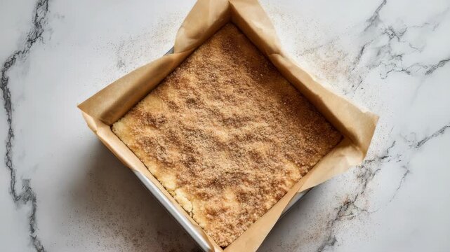 Cinnamon sugar cookie bars in square baking pan on marble surface