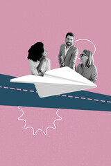 Vertical pop creative art collage of happy business partners girls man stand paper plane flight coworking development career