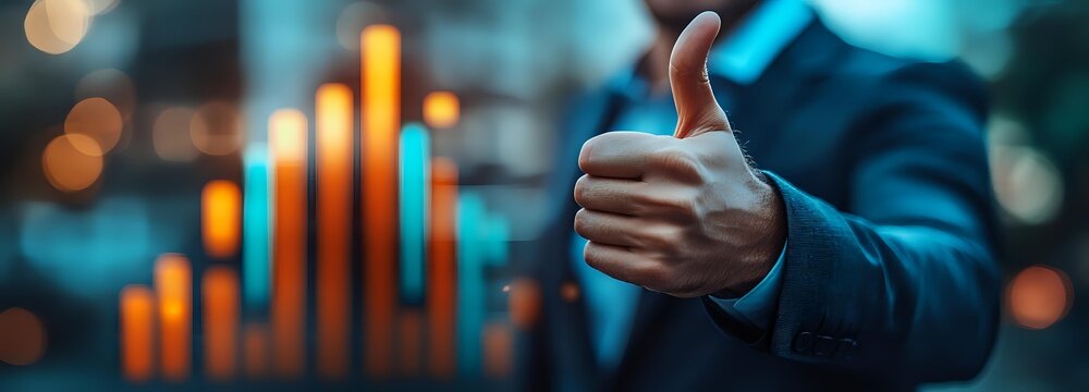 Businessman showing thumbs up gesture against background of growing financial chart with bokeh effect.