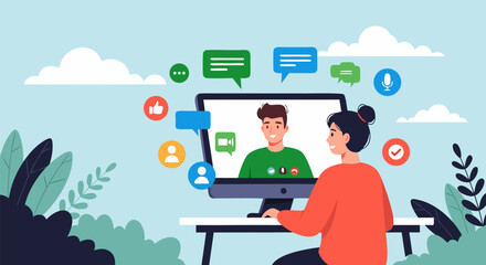 Engaging video conference with friendly conversation between colleagues or friends communicating online from home or office, fostering remote connection and discussion in a modern digital world