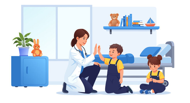 A friendly pediatrician gives a high-five to a young patient, with another child sitting nearby in a bright, well-equipped examination room with toys and books on a shelf