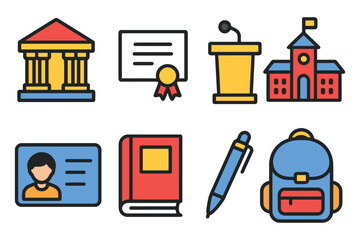 A set of colorful, flat design icons symbolizing education, including buildings, a diploma, a podium, a backpack, a book, and an ID card.