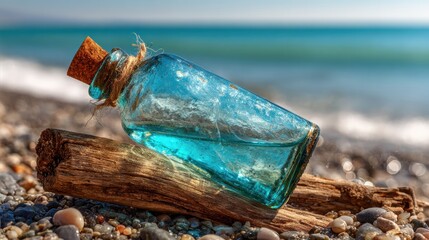 Bottle on Driftwood Beside Turquoise Sea With Sunny Tones on a Clear Day