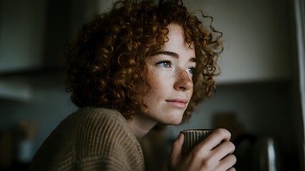 Portrait of young woman with curly red hair holding coffee cup in dim light, contemplative expression showing emotional depth.