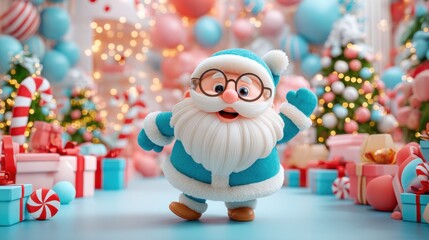 Cute stylized cartoon Santa in turquoise winter outfit waving happily among colorful pastel gifts and glowing holiday trees, cheerful Christmas fantasy concept. Father Frost, dedmoroz