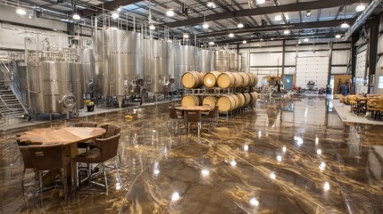 Futuristic Industrial Winery Featuring Polished Steel Floors and Large Fermentation Tanks in a Spacious Facility