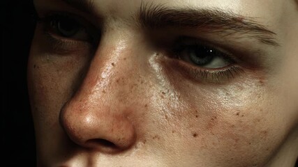 Detailed close-up of human face with freckles and skin texture