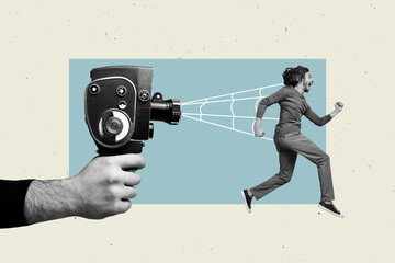Full banner image 3d collage of shocked scared man run hand hold paparazzi camera shooting net stalker control photo-set