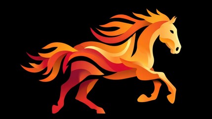 Stylized fiery horse in bold orange and red gradients galloping on black background with sharp flowing shapes. Energetic flame-inspired concept. colorful running horse silhouette, logo symbol 2026.