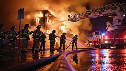 rescue crews combat blazing skyscraper, firefighters coordinate efforts to extinguish towering blaze in city, brave rescue units battle bright flames and billowing smoke under nighttime