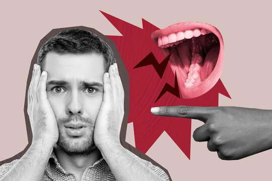Composite artwork photo collage sketch of silhouette portrait young man confused finger point mouth shout scandal hate laugh victim suffer