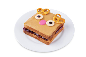 Berry jam peanut butter sandwich in the form of deer for Christmas holidays on a white isolated background