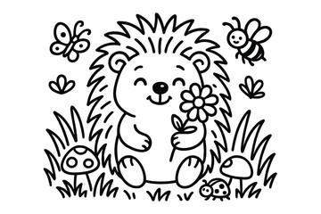 Black and white drawing of a hedgehog holding a flower
